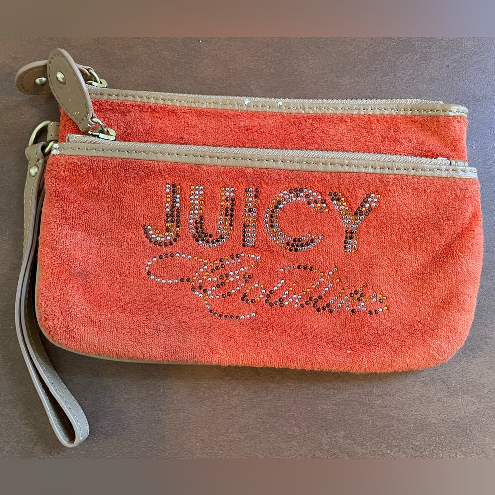 Juicy Couture wristlet in burnt orange velour and tan trim